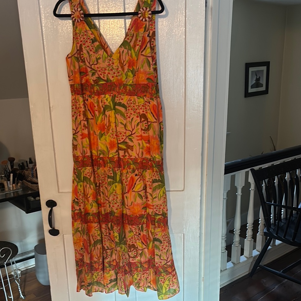 Farm Rio maxi dress with beaded accents, side pockets.